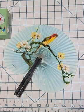 Chinese Paper Folding Hand Fan W/Metal Handle, VTG Mid-Century, #57